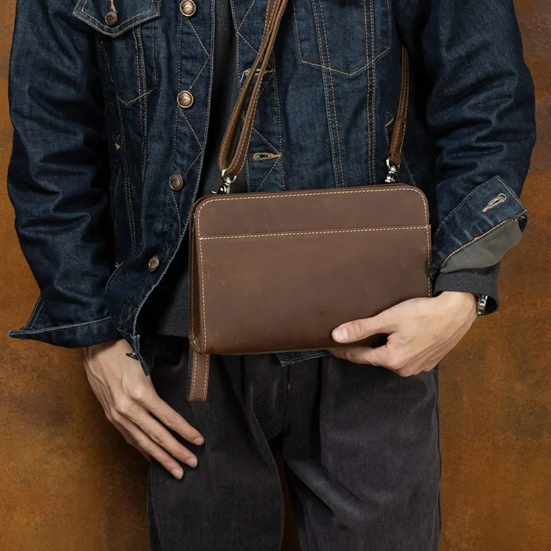 Crazy horse leather men's handbags retro business long clutch leather leather purse shoulder bag large capacity