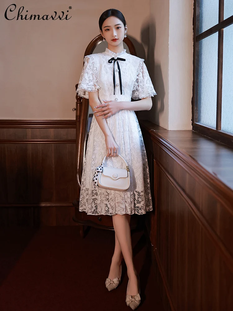 

High-End White Lace Dress Summer Fashion Round Neck Short Sleeve High Waist Slim Elegant Birthday Banquet Party Long Dress Women