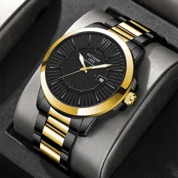 NOTIONR Fashion Mens Gold Stainless Steel Watches Luxury Quartz Wrist Watch Men Business Casual Calendar Watch Luminous Clock