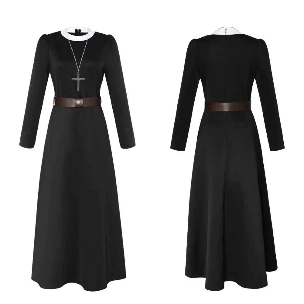 Nun Cosplay Fantasia Costume Movie The Conjuring Women Disguise Dress Up Black Dress Cross Necklace Belt Halloween Party Suits