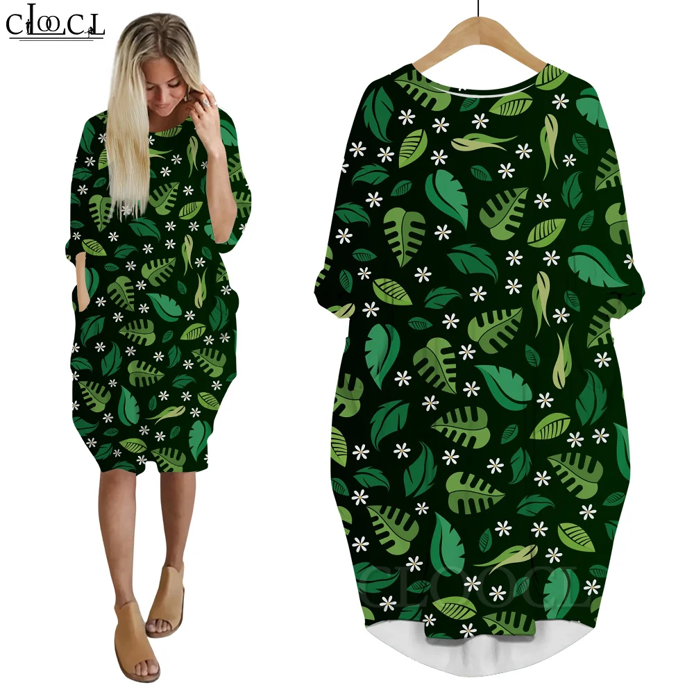 

CLOOCL Women Long Sleeve Dresses Spring Summer Autumn Knee-Length Vestidos Green Leaf 3D Printing Dresses with Double Pockets