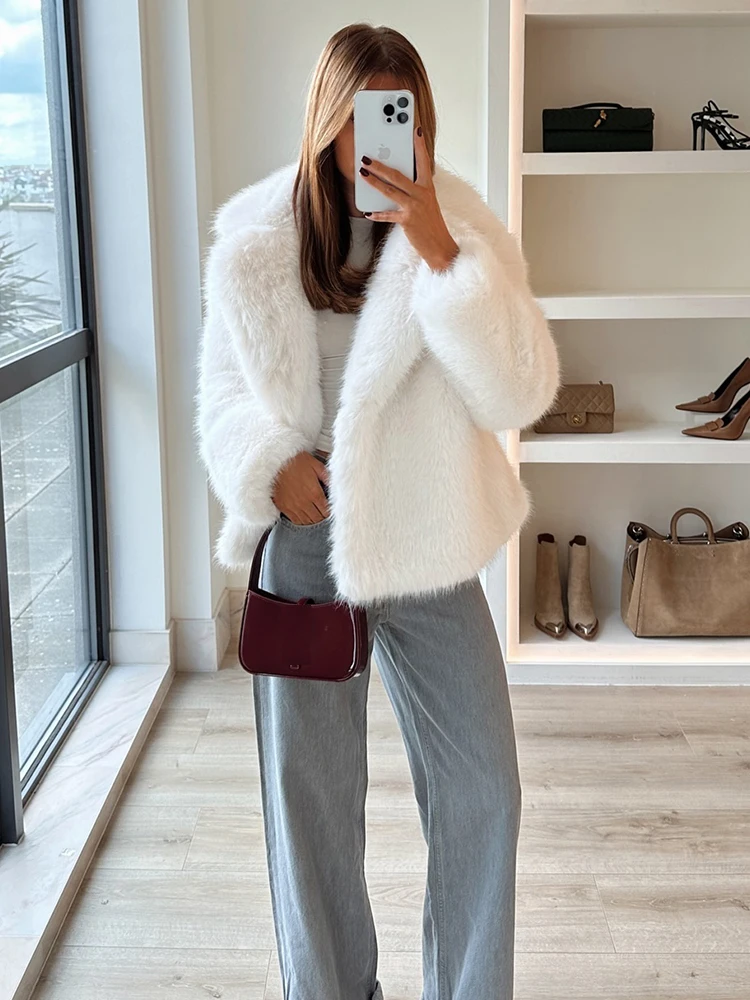 TRAFZA Female Elegant Solid 3-Color Faux Fur Effect Long Sleeve Cardigan Coat Winter Women's High Street Pockets Coat Mujer