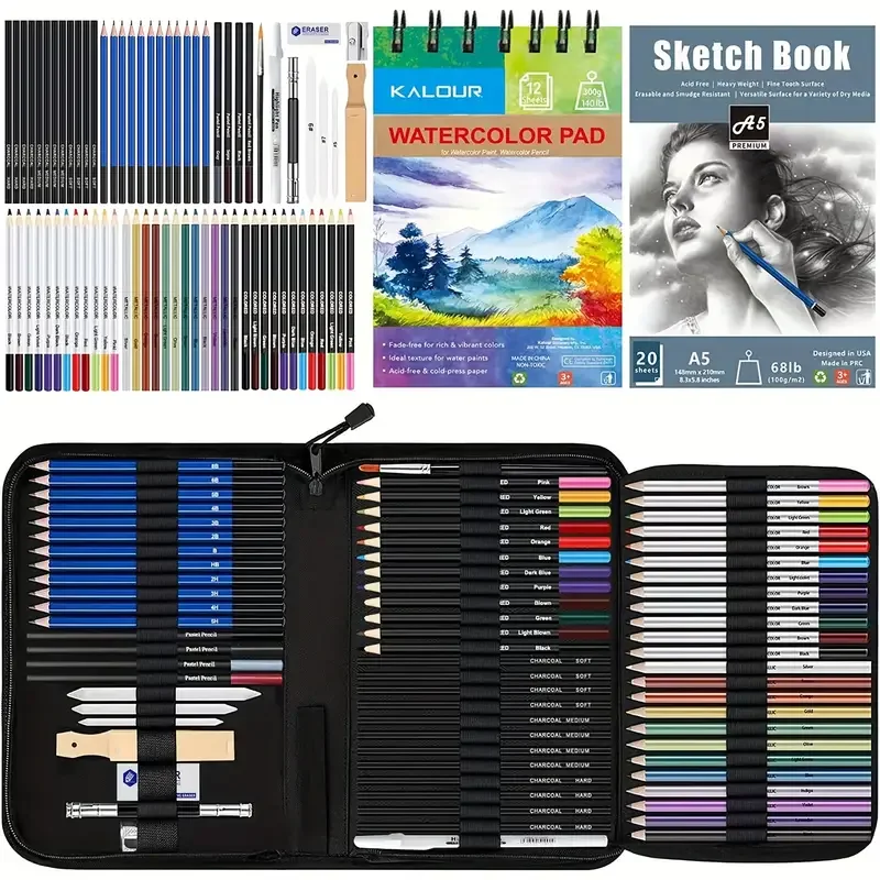 76 Pcs Drawing Set Pro Art Supplies Watercolor, Colored, Graphite, Charcoal, Metallic Pencil, fIdeal for Artists, and Beginners