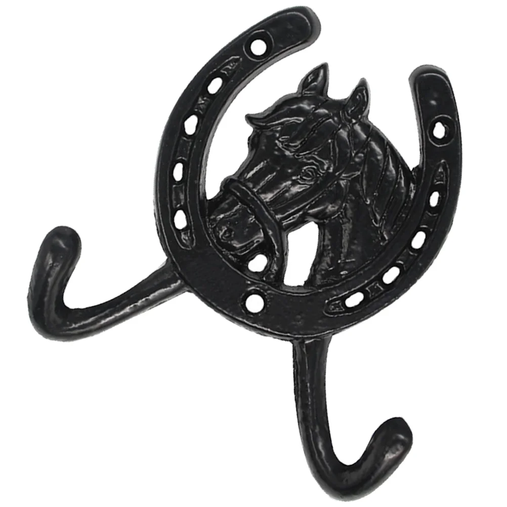 

European Style Creative Horse Head Horseshoe Double Hook Wall Cast Iron Black Prong Robe Hooks Hanging Mounted for Key