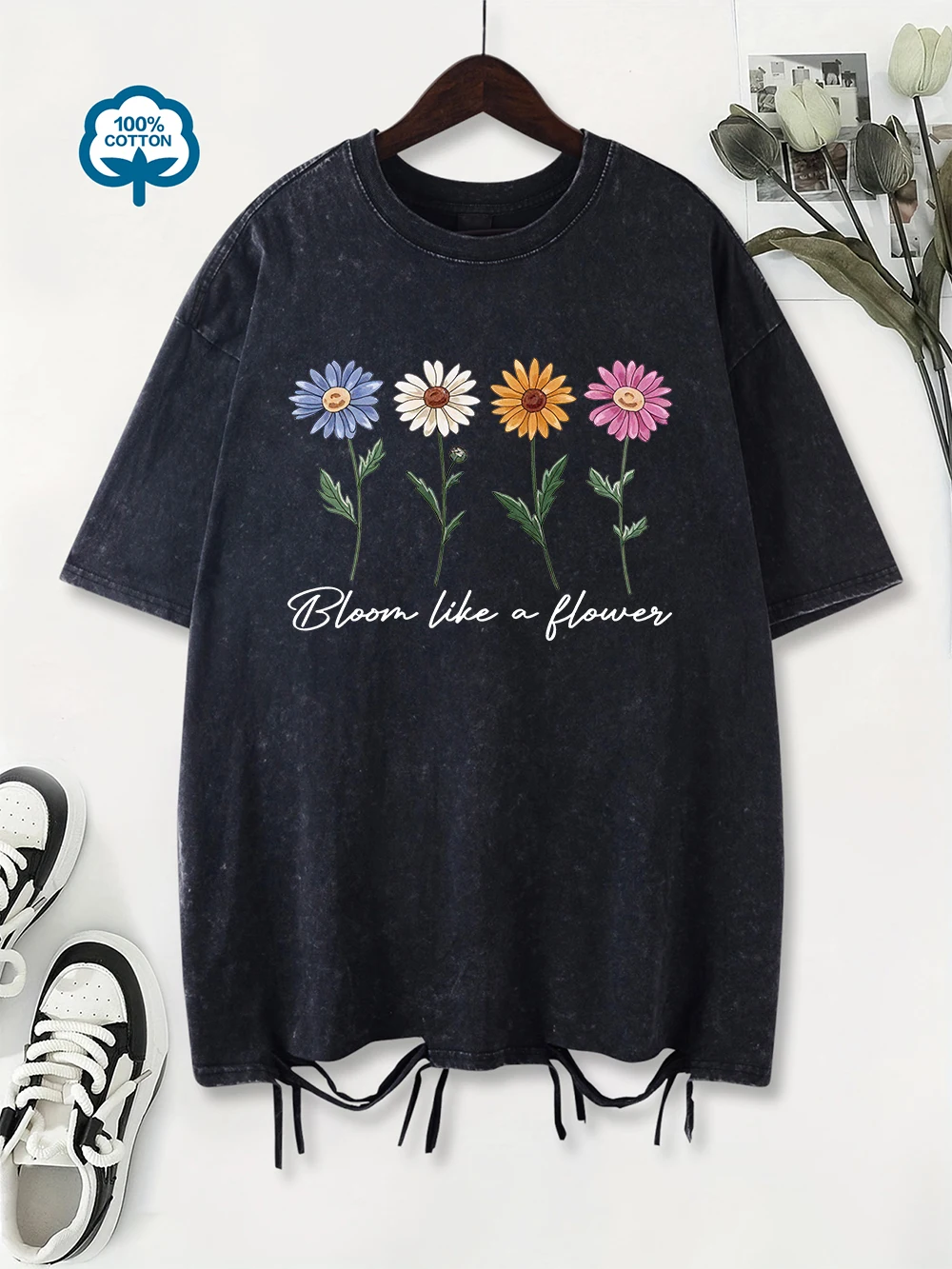 Summer Washed T-Shirts Womens Cotton Bloom Like A Flower Printing Tops Casual O-Neck Oversized Streetwear Vintage Woman Clothes
