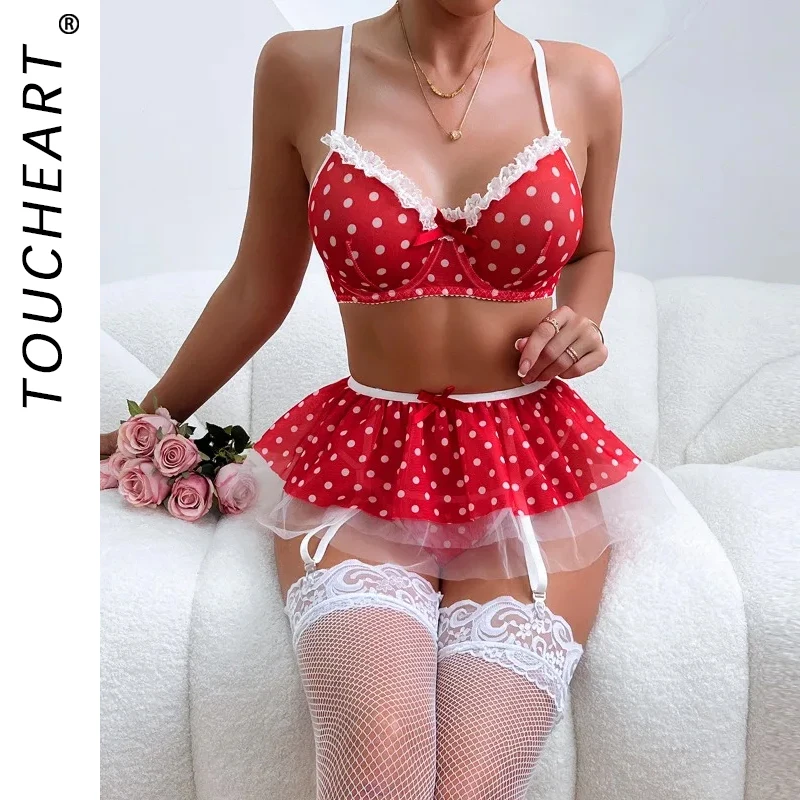 Toucheart Sexy Lingerie Suit for Women Polka Dot Contrast Color Mesh Cloth Cute Puff Mesh Skirt Hem Sexy Underwear 5 Pieces Set