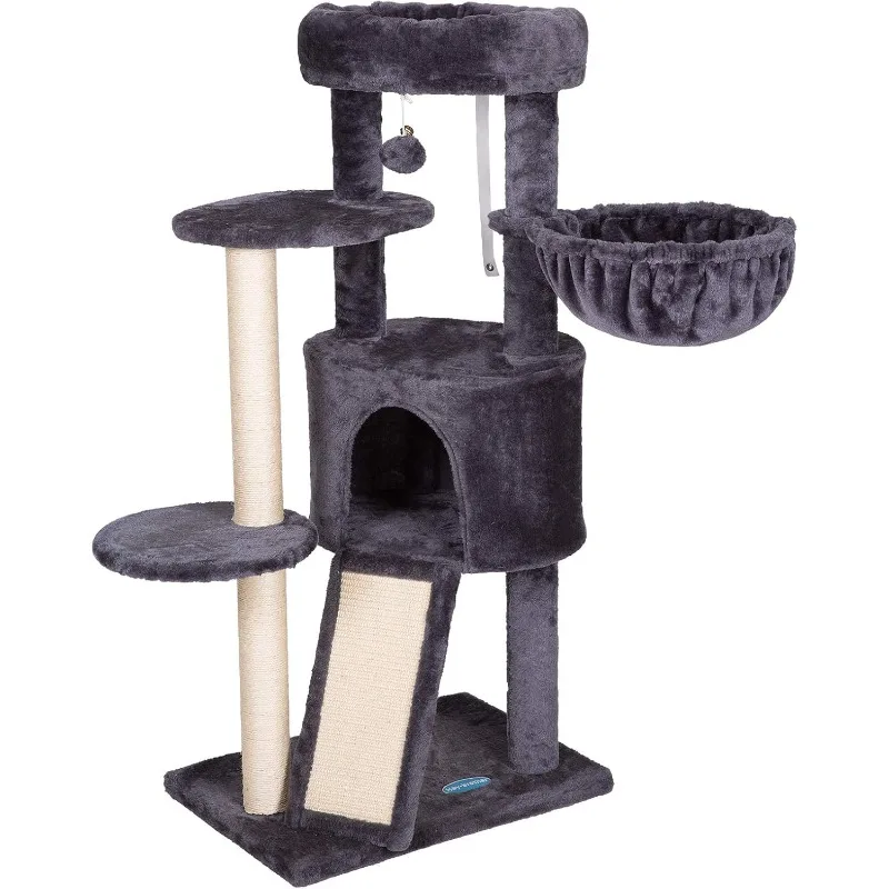 

Cat Tree with Scratching Board, Cat Tower with Padded Plush Perch and Cozy Basket, Multi-Platform for Jump, Smoky Gray MPJ005G