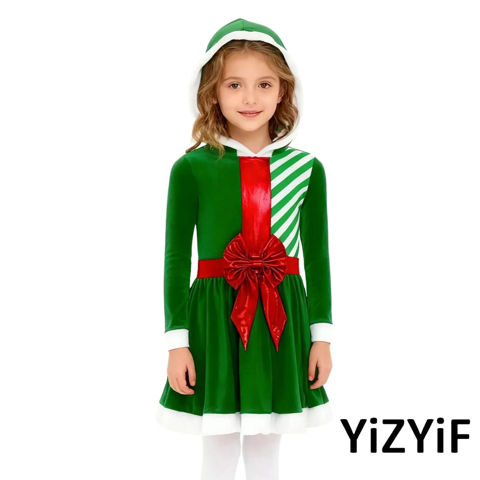 أطفال بنات حفلة عيد الميلاد زي الزنجبيل رجل فستان طويل الأكمام المرقعة شريط الخصر القوس وأشار Pompom هوديي فساتين