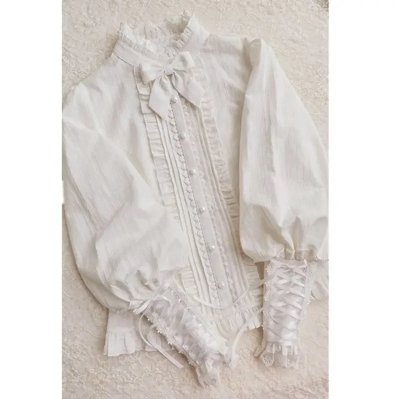 Cotton Lolita Lace Ruffle Jacquard Shirt Women Long Gigot Sleeves Sweet Button Up Tops Blouse With Bow Tie Elegant Woman Shirts