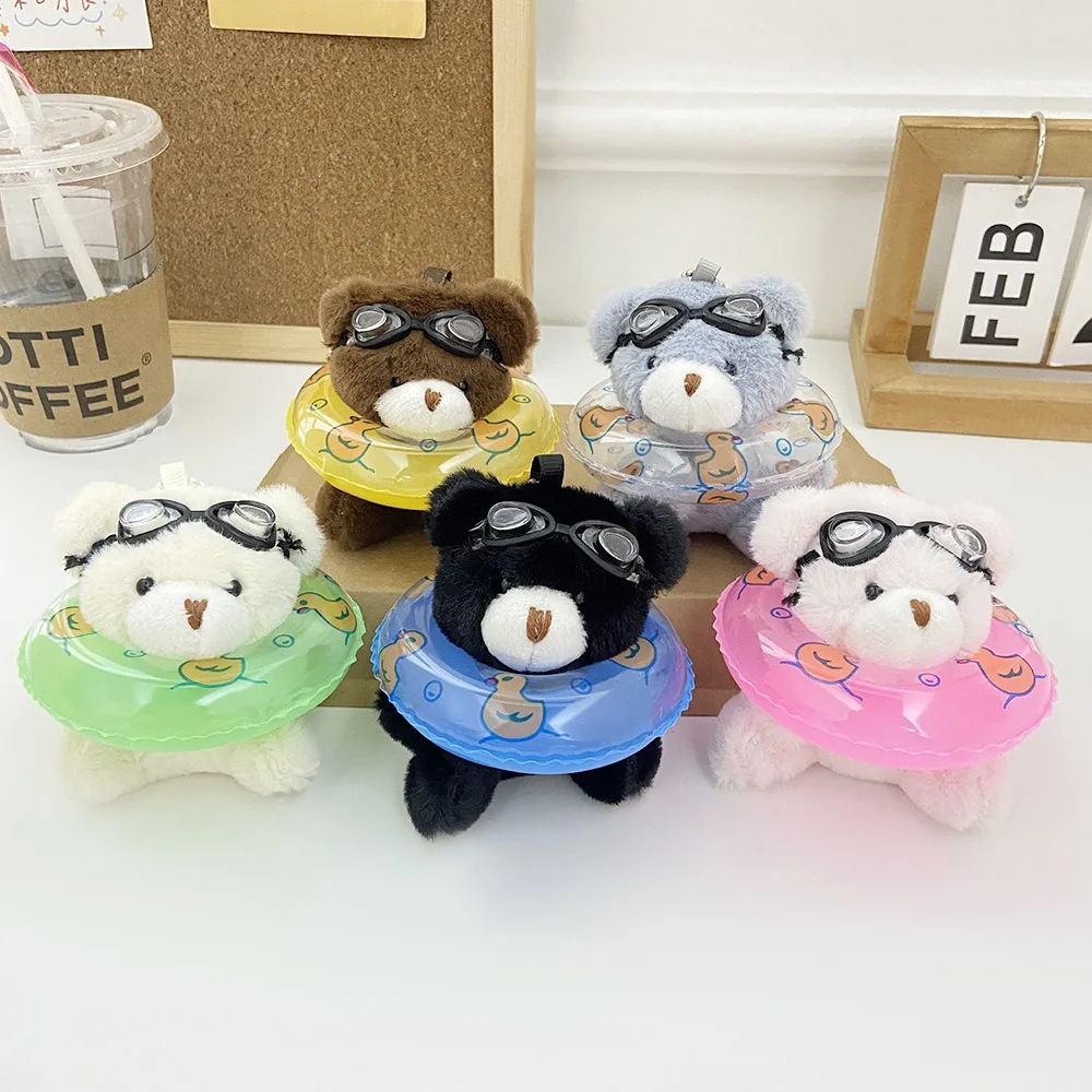 Kawaii PVC Swimming Bear Keychain Stuffed Cartoon Goggles Animal Pendant Duck Printed Korean Style Plush Bear Key Ring Backpack