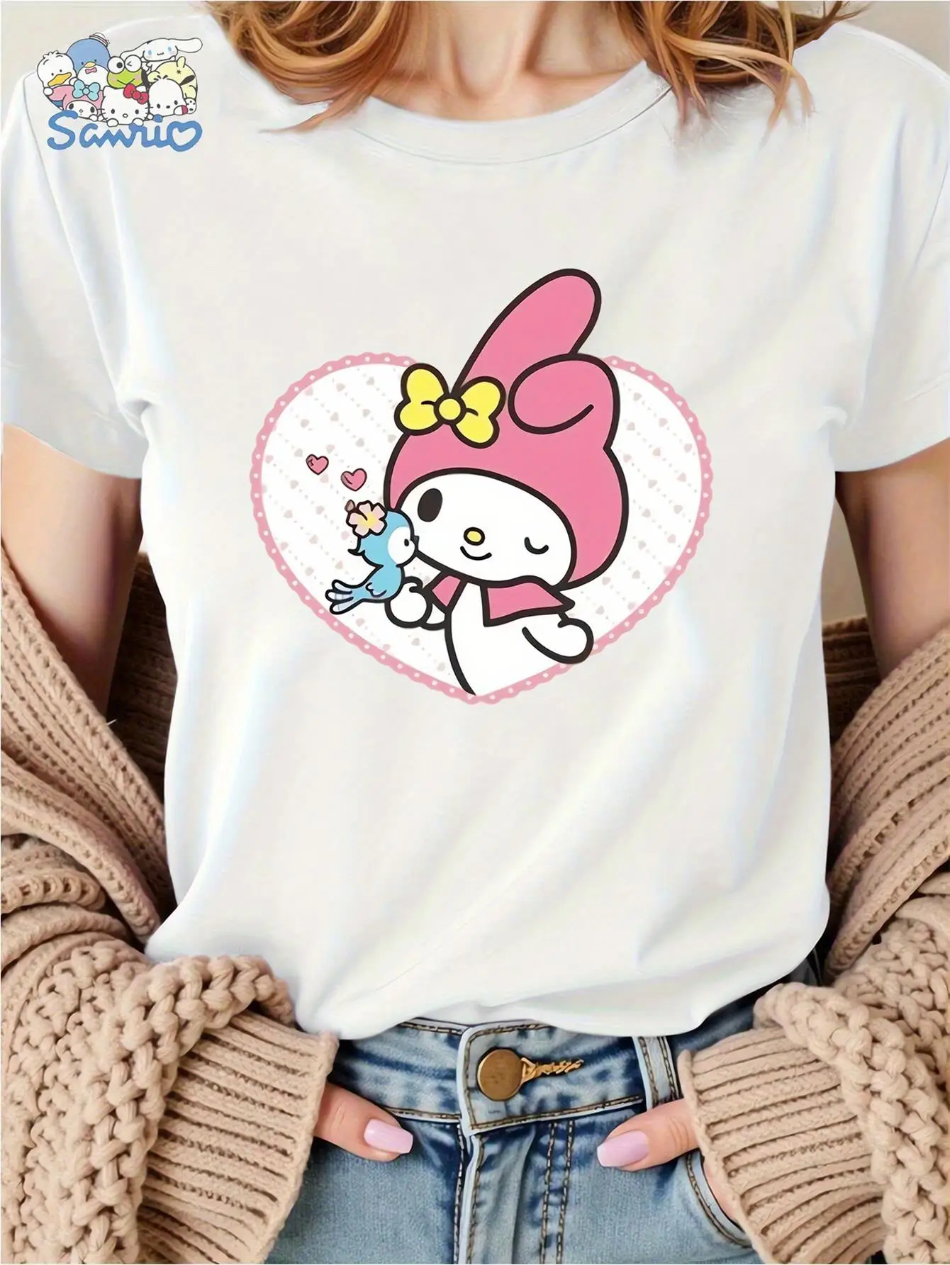 

Футболка с аниме Sanrio Kuromi & Melody — милый принт с розовыми сердечками и куроми, легкая дышащая летняя футболка