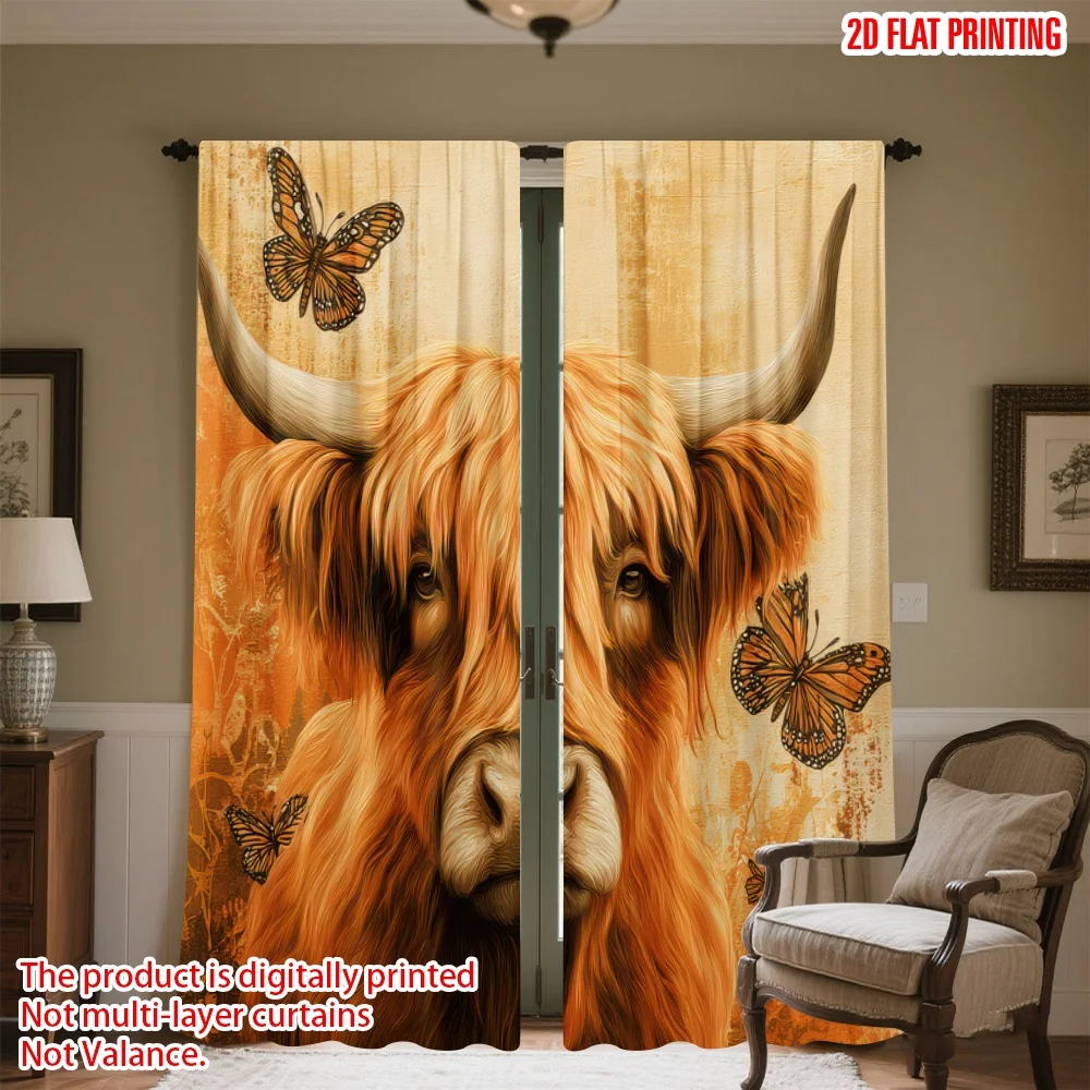 

2D flat printing 2pcs Curtain Cow with Butterflies Digital Printed Polyester Drapes Festive Wall Decor for living room decor for
