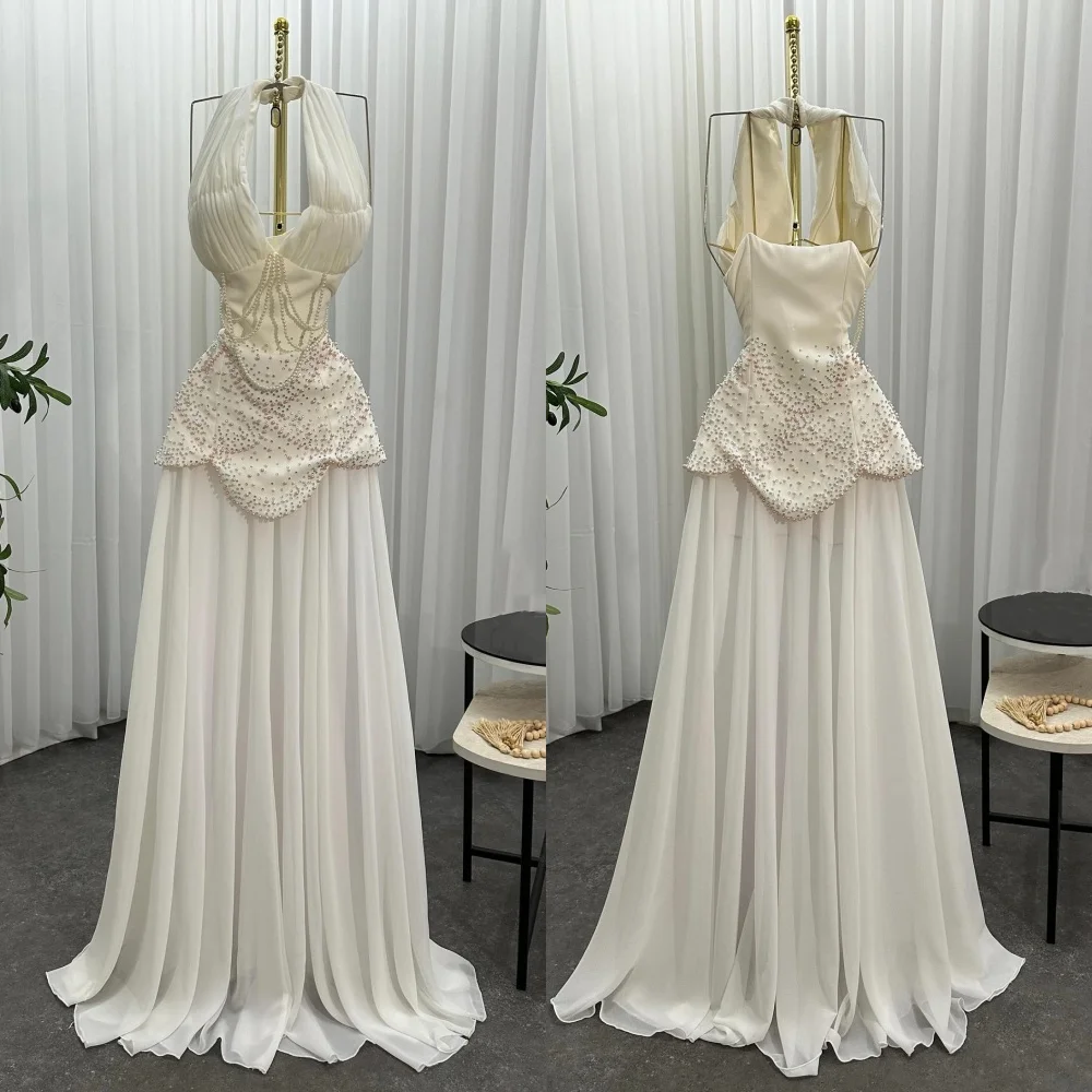 

Шифон с бисером по индивидуальному заказу, складка на шее, трапеция длиной до пола, на заказ, женский вечер, элегантная вечеринка, свадьба, высокое качество