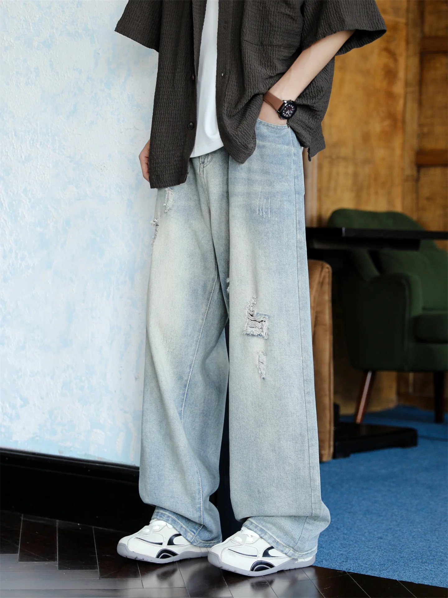 

Retro Japanese Sle Men's Oversize Straight Leg Jeans Trendy Brand Waed out Wide Leg Long Pants Casual Loose Fit Jeans