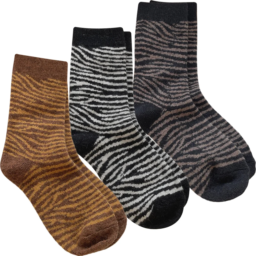 3 Pairs Zebra-print Wool Socks Ankle Warm for Winter Fall Women's Stripe Running Aesthetic Miss