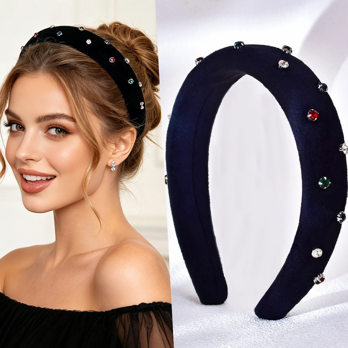 

Women's Black Velvet Hairband, Multicolor Crystal Rhinestone Padded Head Hoop, Fashion Hair Accessories SA123