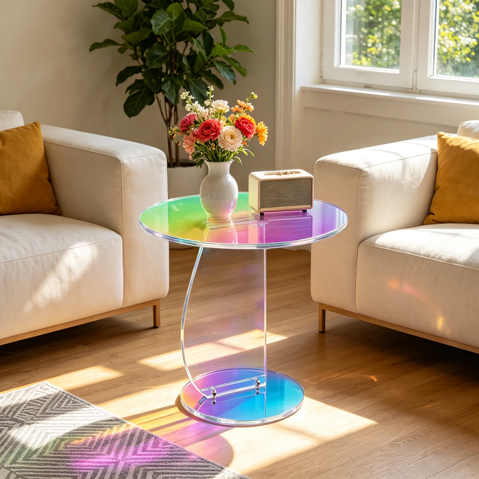 Iridescent Acrylic Side Table, 17.7 Inch Round Rainbow End Table with Sailboat-Inspired Base, Modern Accent Furniture for Small Apartments, Living Rooms and Bedrooms