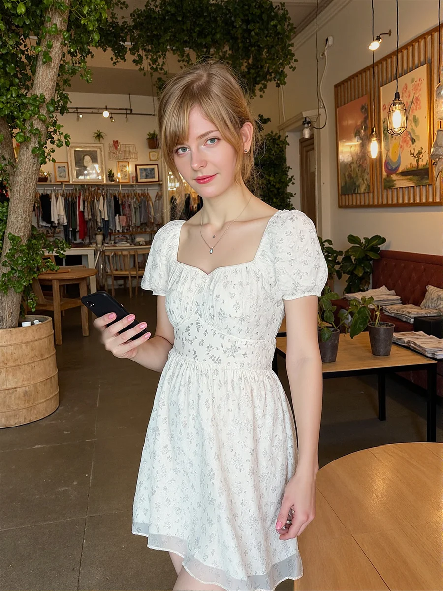 فستان نسائي أبيض أنيق أنيق فضفاض مناسب صغير زهري بدون ظهر سبليت سفلي طراز عتيق دانتيل بوهو بأكمام منتفخة صيفية #5