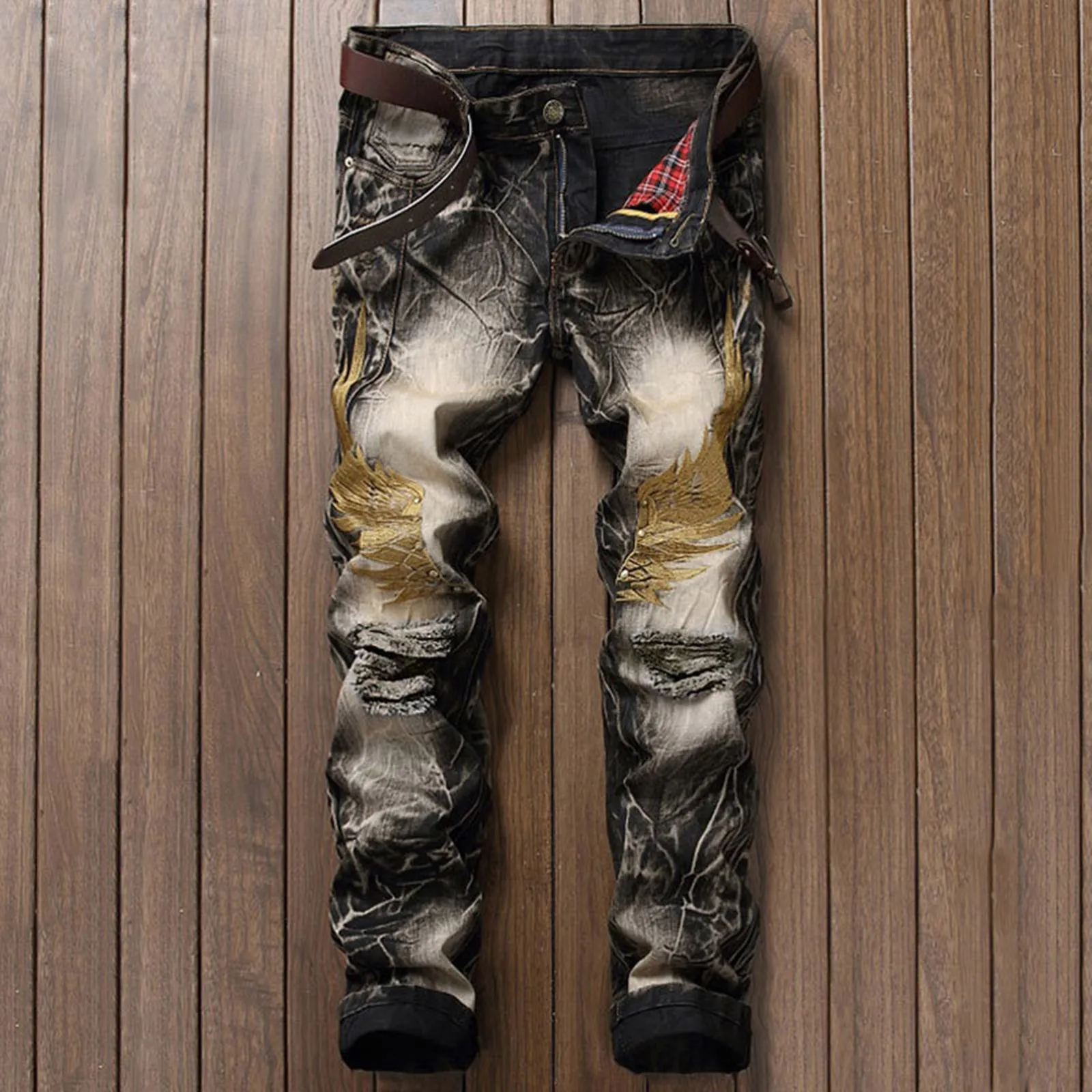 New Streetwear Jeans Men Four Season European And American Personality Embroidery Wings Hole Denim Trousers Retro Plus Size