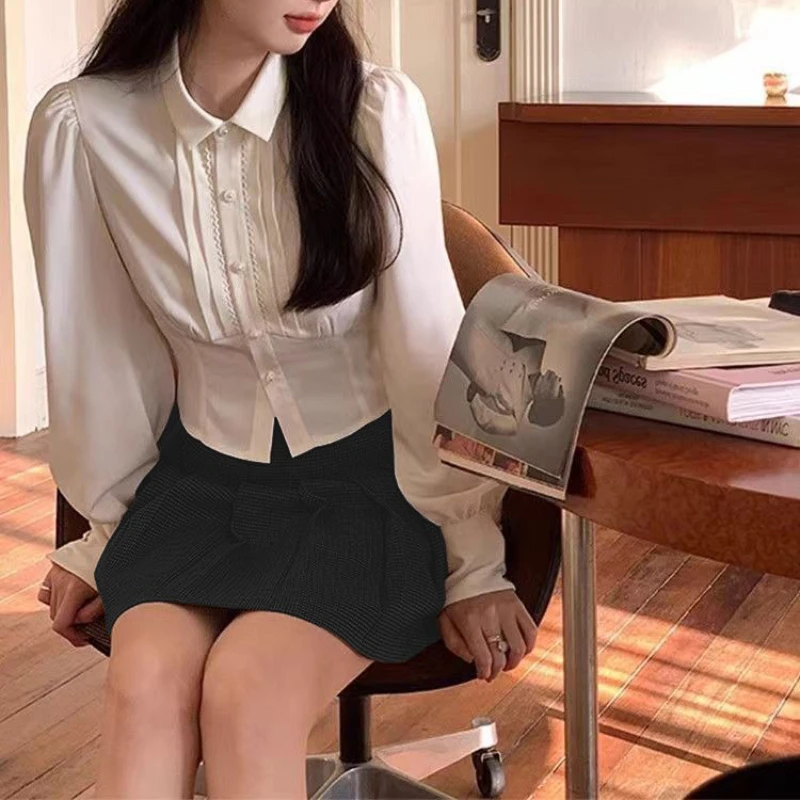 

Female Fashion Popular Draped Spring Autumn Blouse Y2k Aesthetic Simple All Match Buttons Clothes Elegant Casual Lazy Short Tops