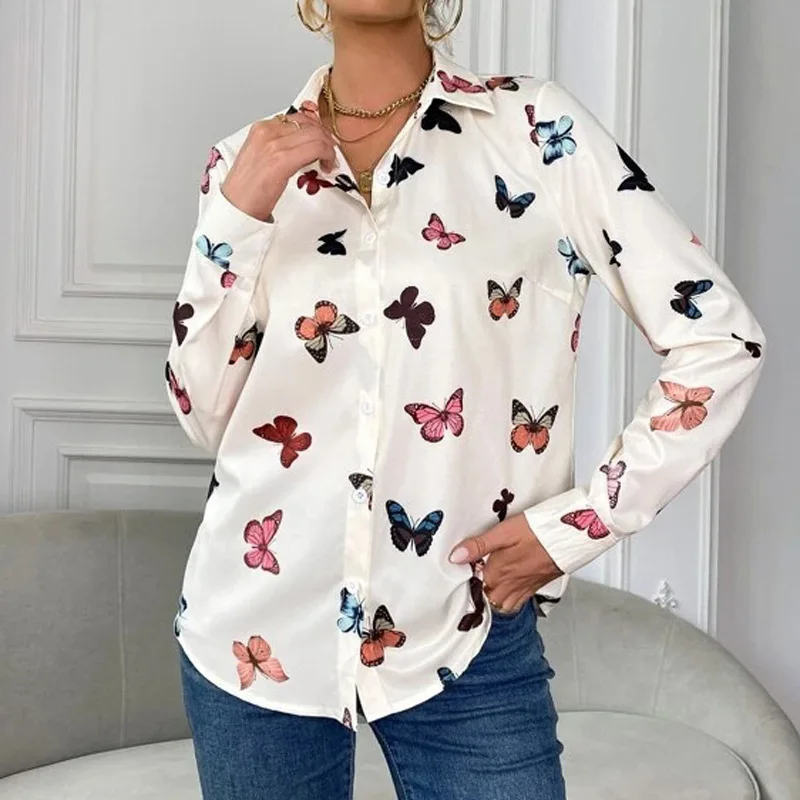 

Butterfly And Love Pattern Print Shirt Women Fashion Blouse Autumn Turn-down Collar Long Sleeve Button Casual Loose Ladies Shirt