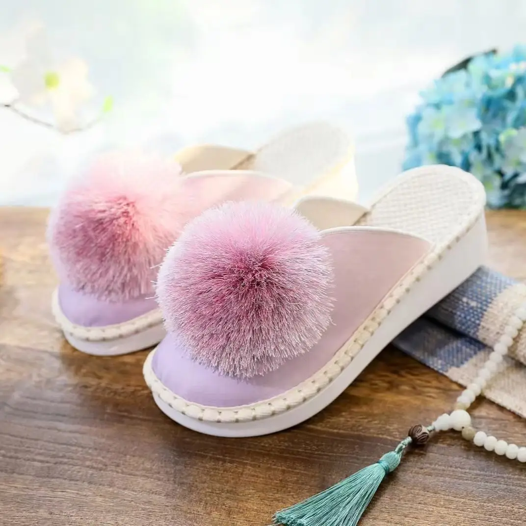2026 Summer New Women Fluffy Ball Wedges Half Slippers Thick Sole Silk Closed Toe Home Slippers Chinese Style Outdoor Slippers