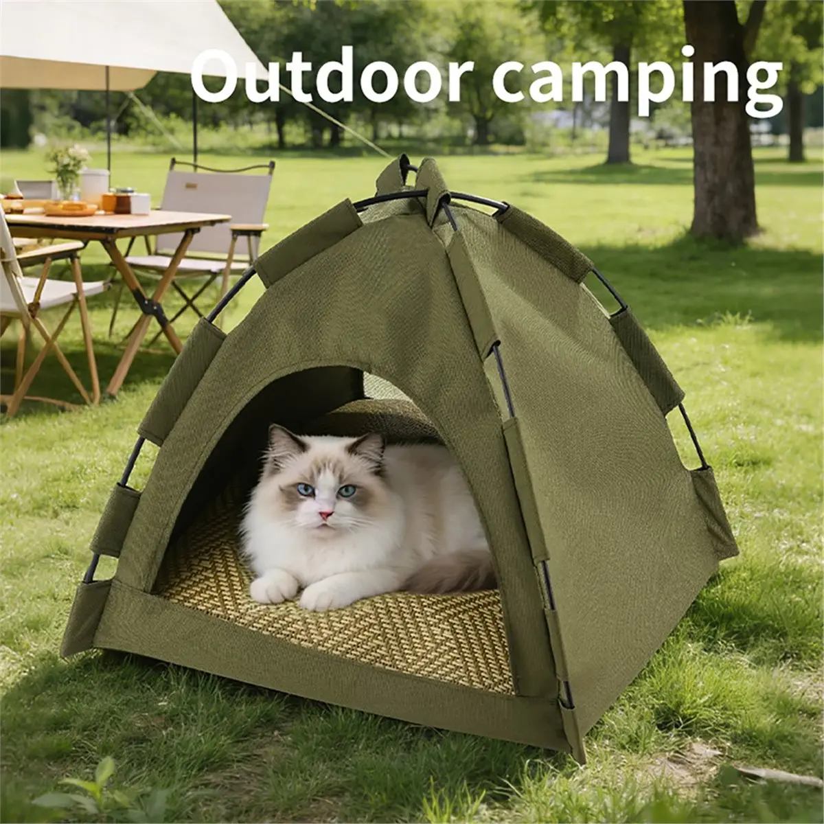 Casa para Gatos Plegable Ligera de 1 Pieza, Tienda de Campaña para Mascotas Semicerrada con Colchoneta Removible de Doble Cara, Muebles y Camas para Mascotas, Suministros para Gatos y Perros