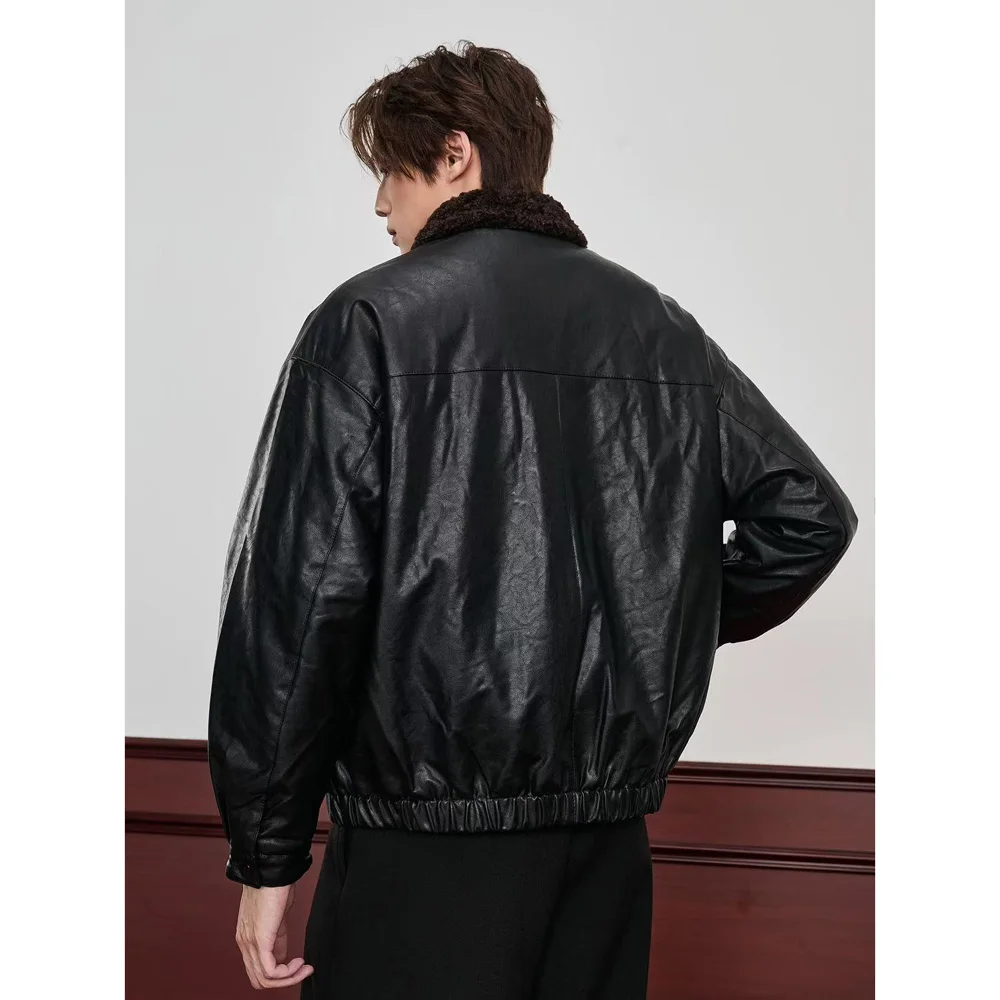 الرجال الشتاء الصوف بطانة فضفاضة عادية سميكة الدافئة سترة جلدية البضائع رجل الشارع الشهير موضة دراجة نارية سترة معطف ملابس خارجية #4