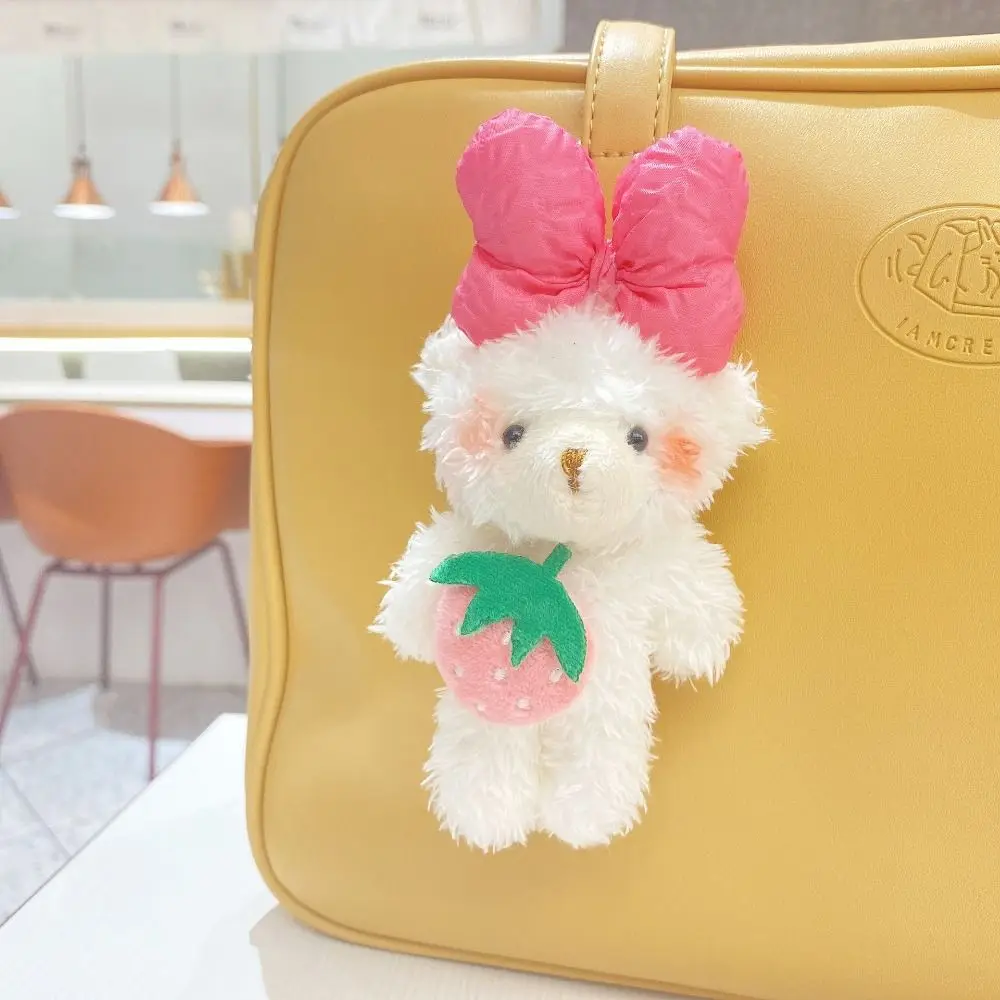 Lovely Soft Bear Plush Keychain Bowknot Plush Stuffed Strawberry Bear Doll Toys Cartoon Bow Bear Pendant Hanging Accessory