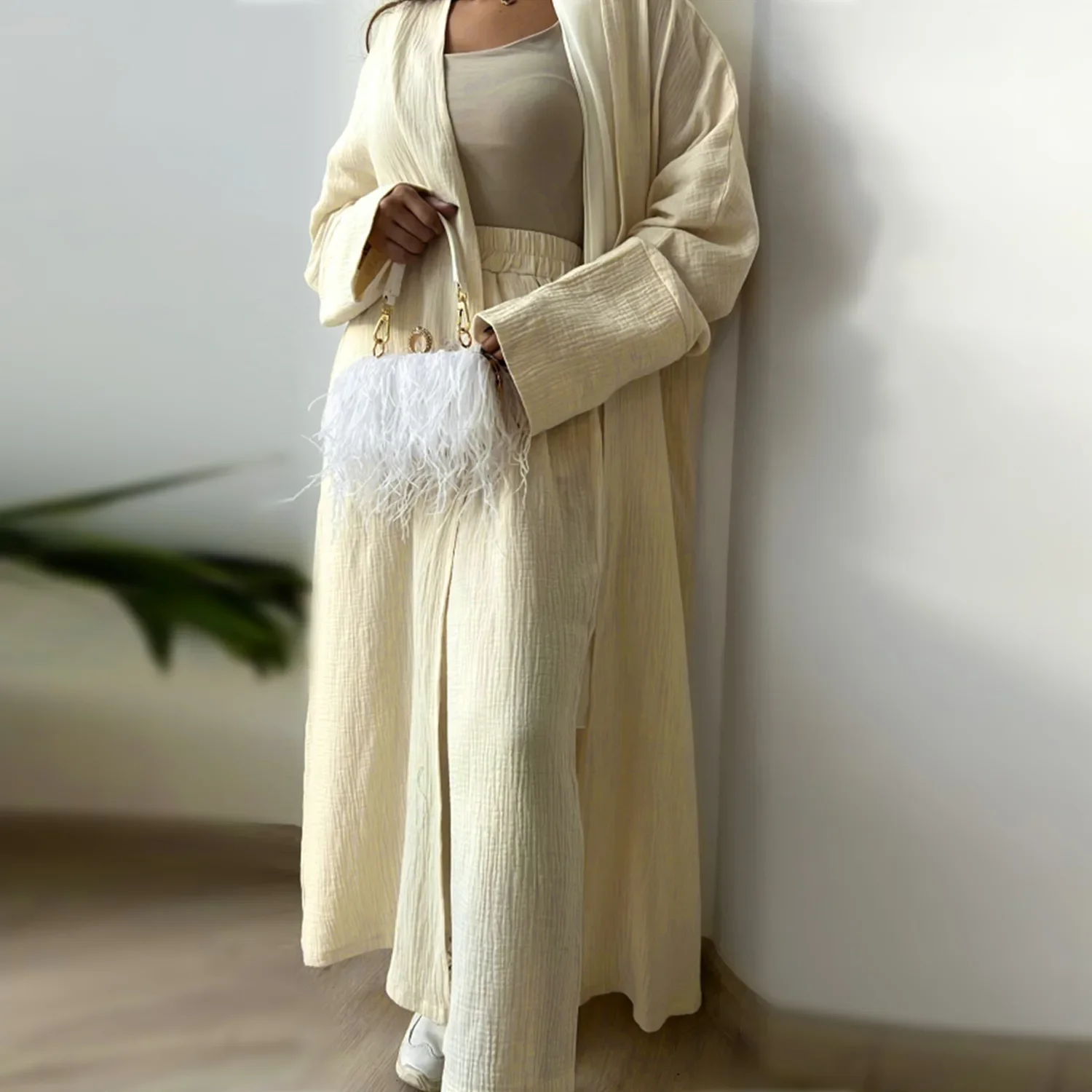 Summer Cotton Open Abaya with Pants Turkey Arabic Muslim Kimono Dress casual Abayas for Women Dubai African Islam Modest Outfit