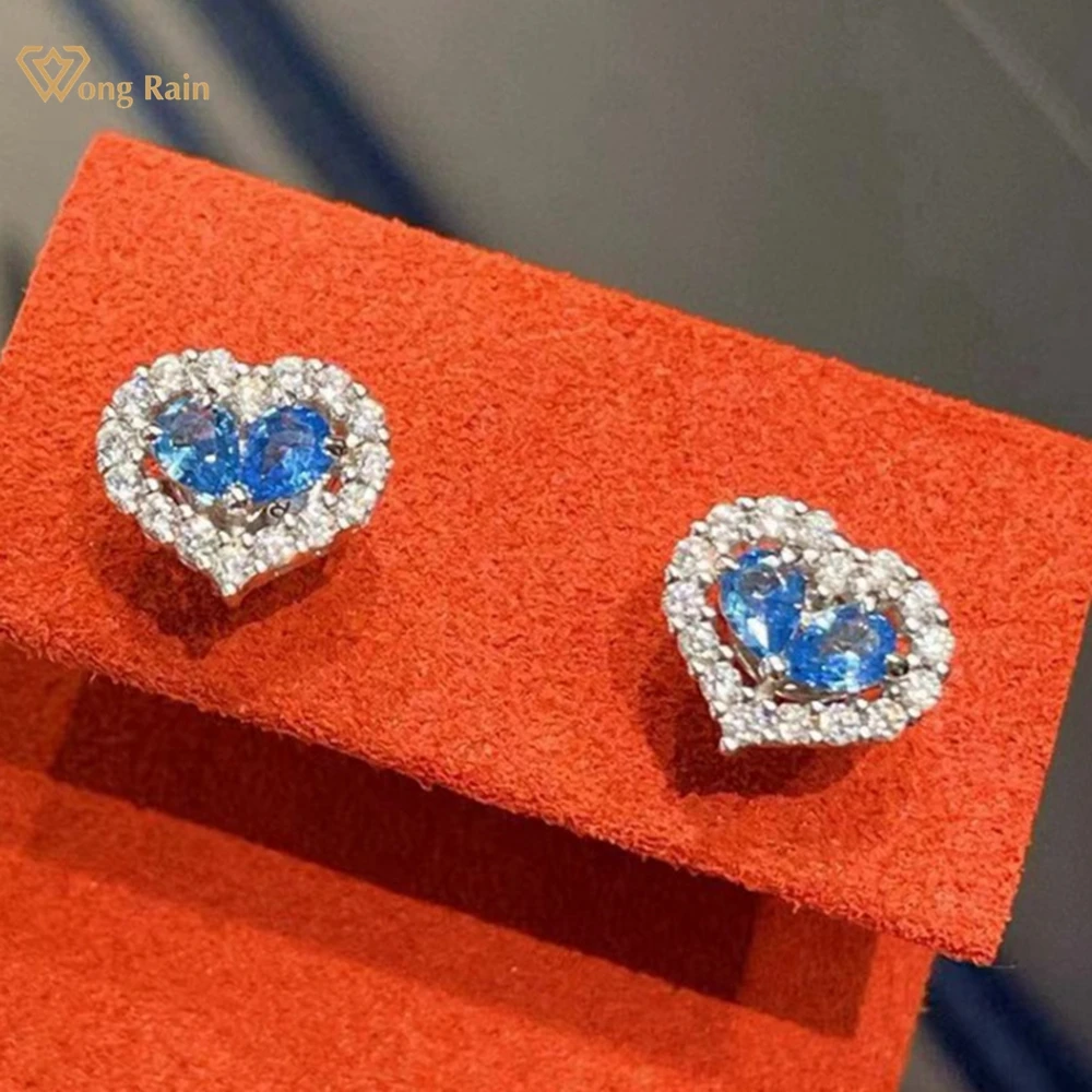 

Wong Rain 100% 925 Sterling Silver Aquamarine High Carbon Diamond Gemstone Love Heart Ear Studs Earrings Fine Jewelry Wholesale