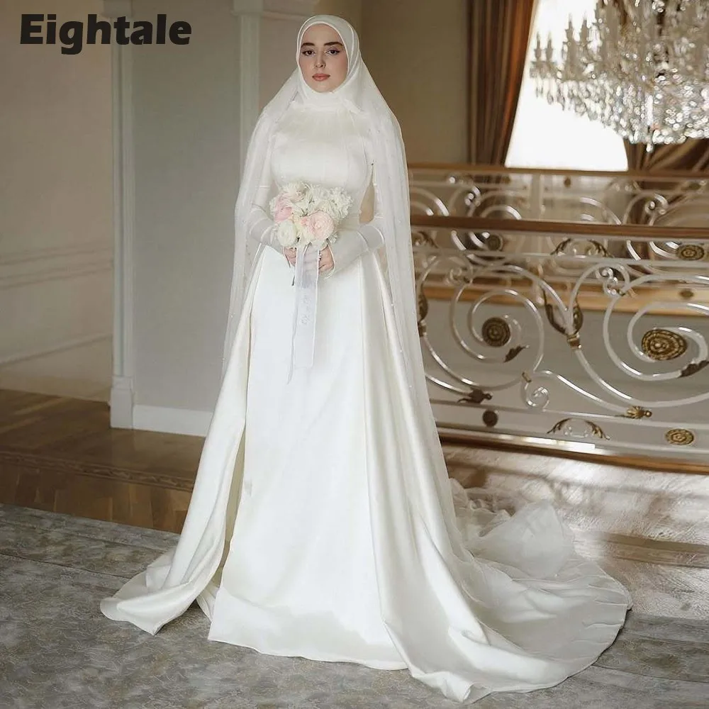

Eightale Arabic Wedding Dress O-Neck Long Sleeves Customized Pleats White Ivory Muslim Mermaid Bridal Gown Vestido De Noiva