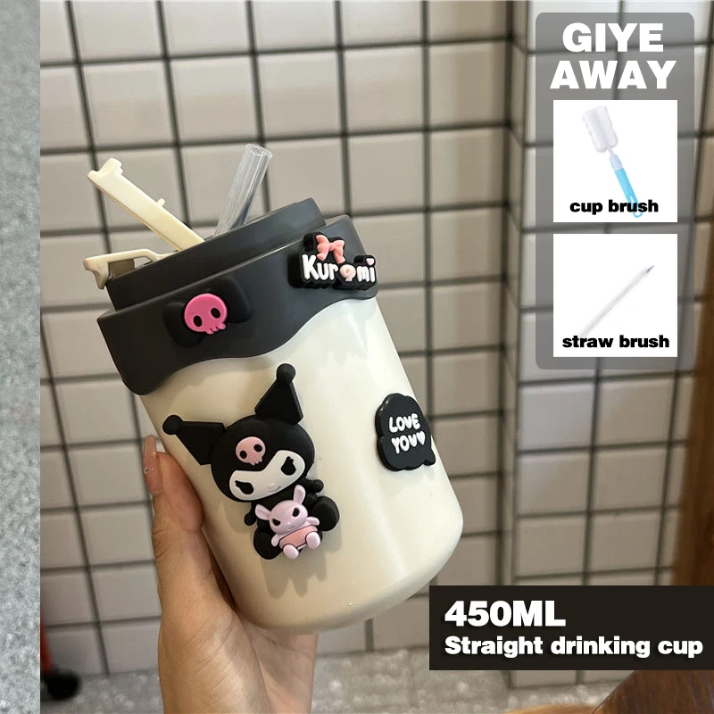 450ml Sanrio Water Cup Cute Hello Kitty Kuromi Coffee Cup Milk Cup 304 Stainless Steel Water Bottle With Straw Kid Kawaii Gift