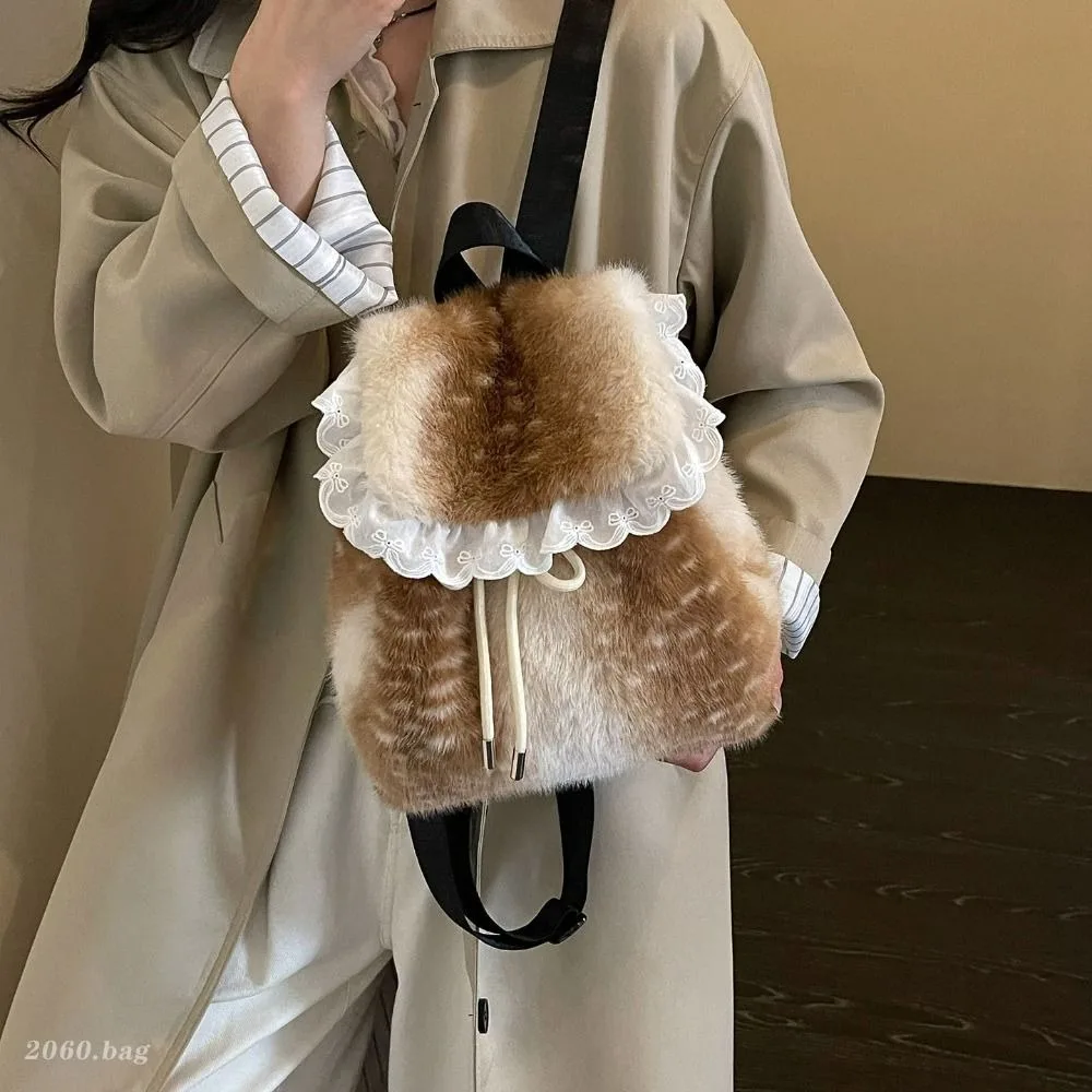 Sweet Leopard Print Fluffy Shoulder Bag Deer Spot Soft Faux Fur Backpack Cute Solid Color Backpack Lady