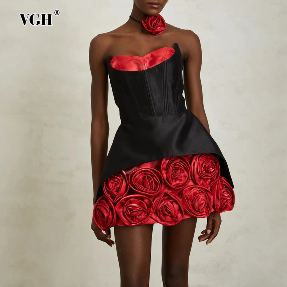 

VGH Sexy Party Spliced 3D Rose Dress for Women Strapless Sleeveless High Waist Hit Color Tutu Dresses with Necklace Female New