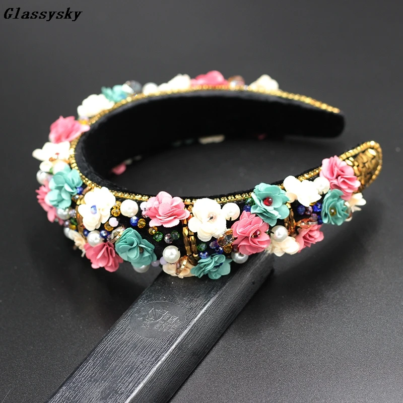 Luxury Colorful RhinestonesFlower HeadbandRetro Style Beautiful Sponge HairbandHeadbandFashion Baroque jewelry 823