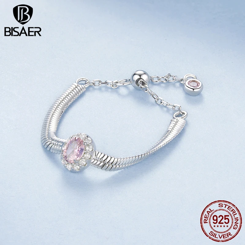 BISAER 100% 925 Sterling Silver Delicate Snake Chain Ring Adjustable Size 5-9 Pink Zircon Band for Women Girl Party Fine Jewelry