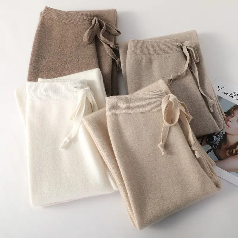 

Женские повседневные брюки с драпировкой, мягкие клейкие однотонные вязаные брюки из тонкой шерсти с высокой талией и широкими штанинами