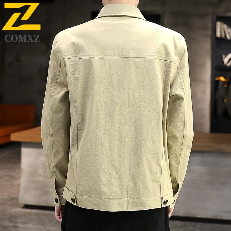 COMXZ Spring Autumn Big Size Coat Men Korean Style Handsome Trendy Fall Turn-Down Collar Jacket Workwear Spring Autumn Menswear