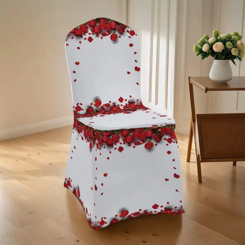 Red rose print stretch chair cover. Washable, non-slip, easy to install. Ideal for weddings & gifting.