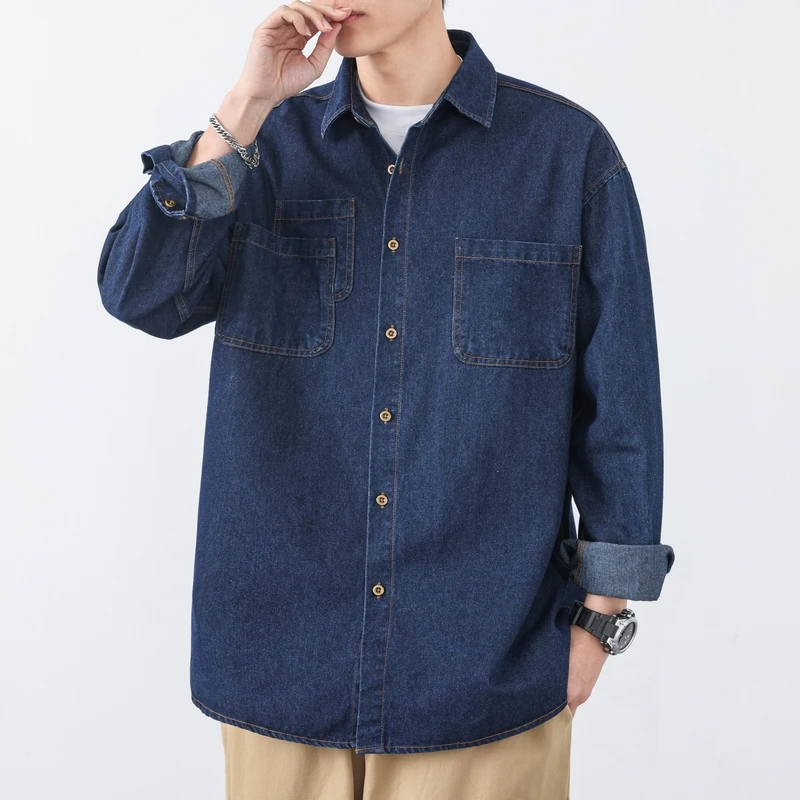 

Spring / Autumn Men's Blue Long-Sleeve Shirt, Single-Button Collar Casual Shirts. 58% cotton and 42% polyester