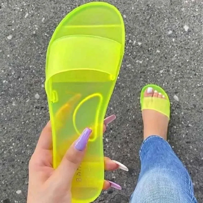 comemore 2021 Woman Sandals Sexy Summer Shoes Woman Slip on Fashion Slides Ladies Transparent Flats Shoes Flat Flip Flop Beach