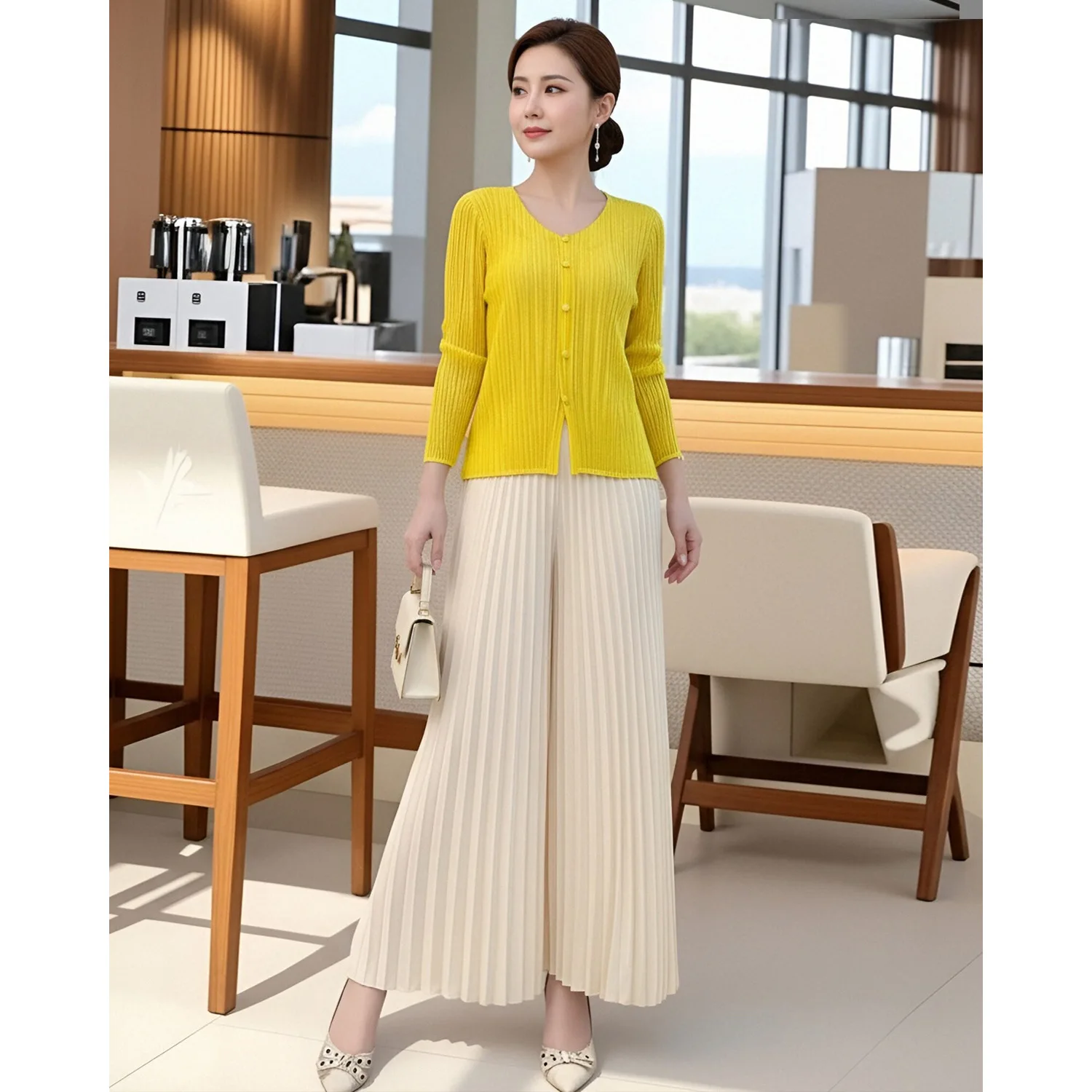 

Черная женская рубашка с круглым вырезом на весну, тонкая, универсальная, свободная и облегающая, топ в стиле Мияке, солнцезащитная, с плиссировкой под кардиган