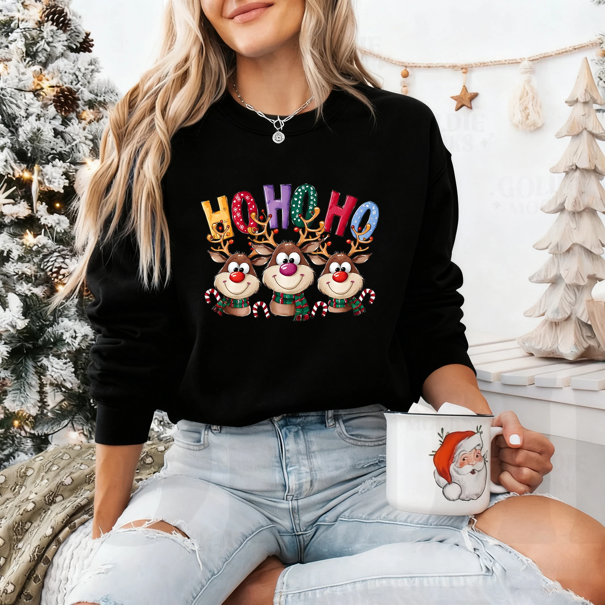 

Cartoon Christmas Reindeer Print Sweatshirt Women's Fashion Long-Sleeve Outdoor Crewneck Pullover Reindeer Sweatshirt