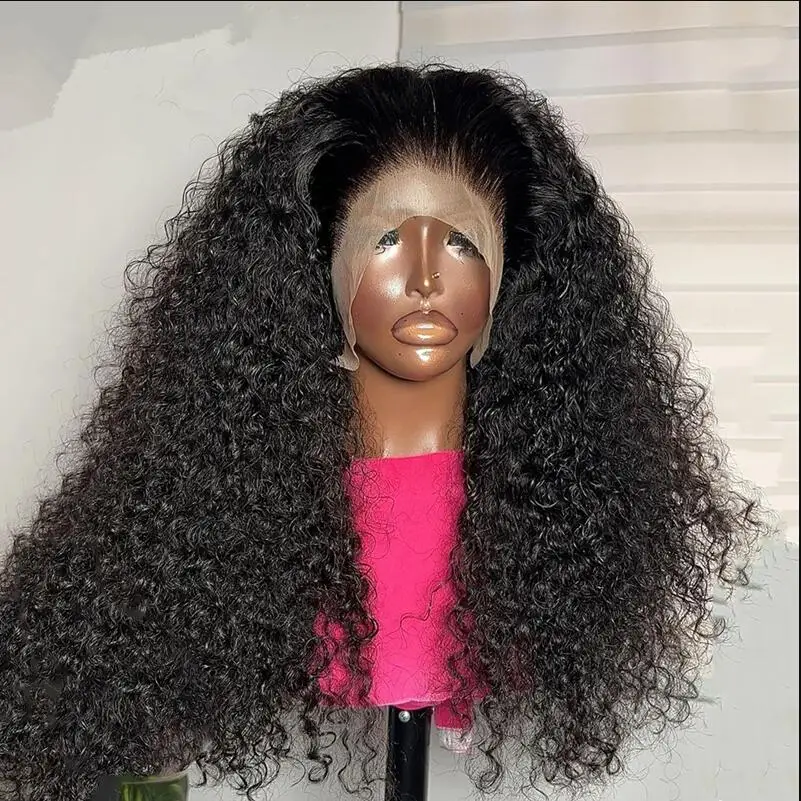 Natural Black Color Preplucked Glueless 180Density Kinky Curly 26Inch Long Lace Front Wig For Black Women With Baby Hair Daily