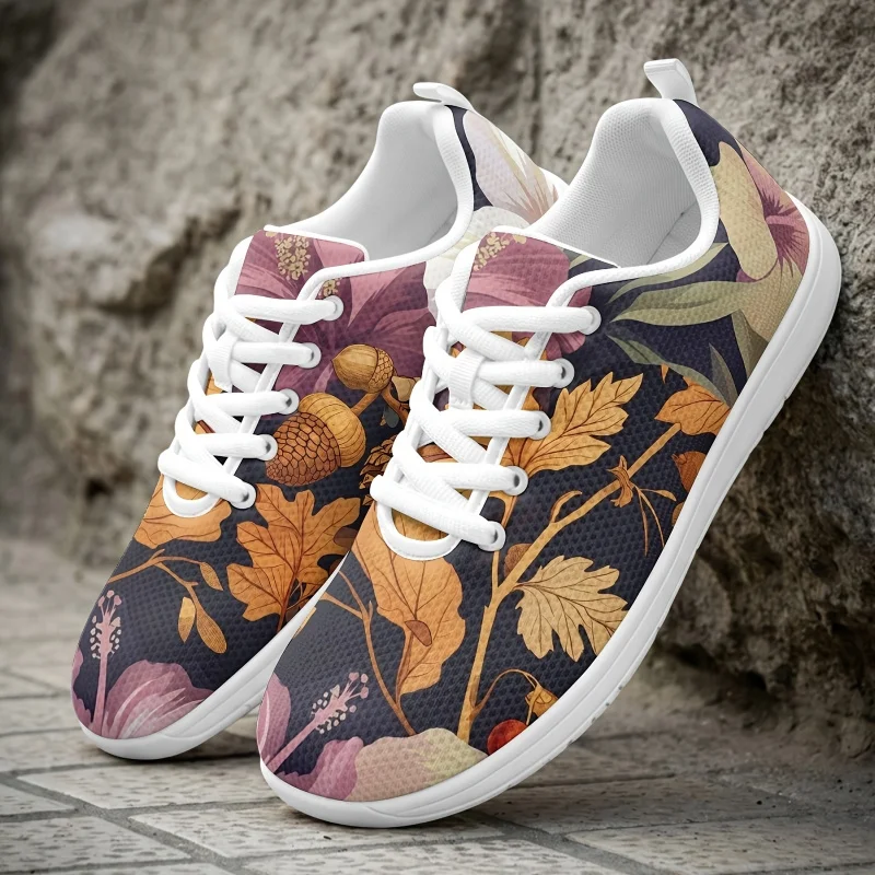 

Unisex retro forest-style autumn plant and floral print casual mesh shoes Lace-up soft-soled non-slip wear-resistant low-top rou