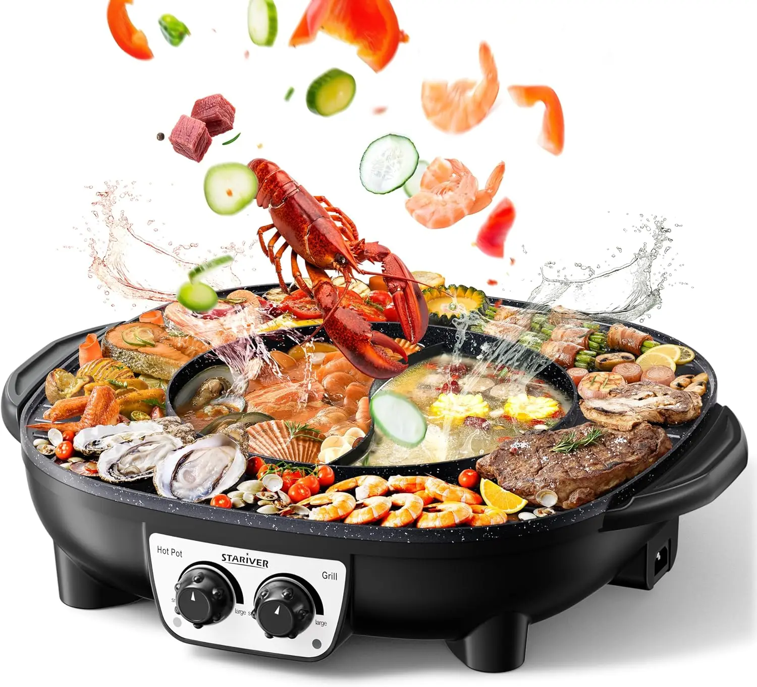 

2-in-1 Hot Pot & Grill, 1800W Fast Heating, Non-Stick, Dual Controls for Indoor BBQ & Shabu Shabu