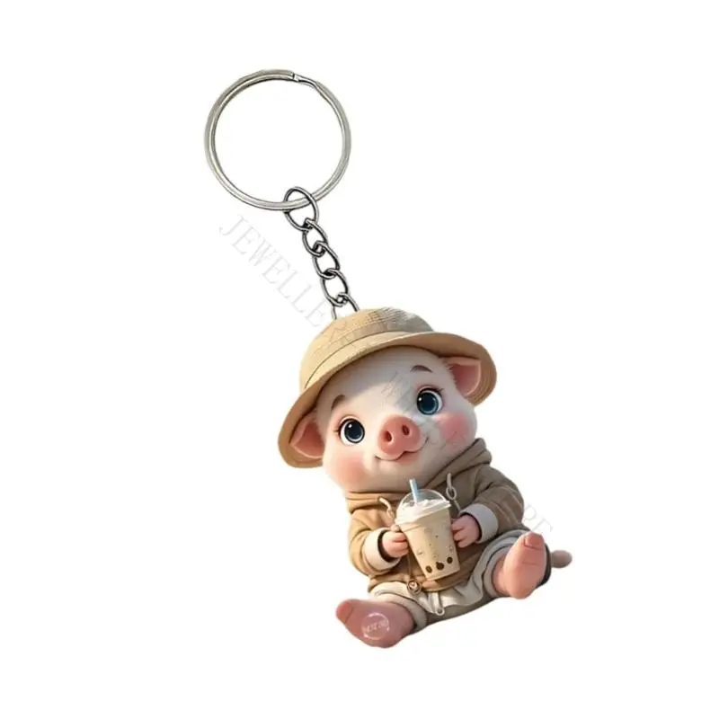 R7UF Artistics Milk Drink Pig Designs Sturdy Acrylic Keychain for Bag Charm Or Wall Decoration