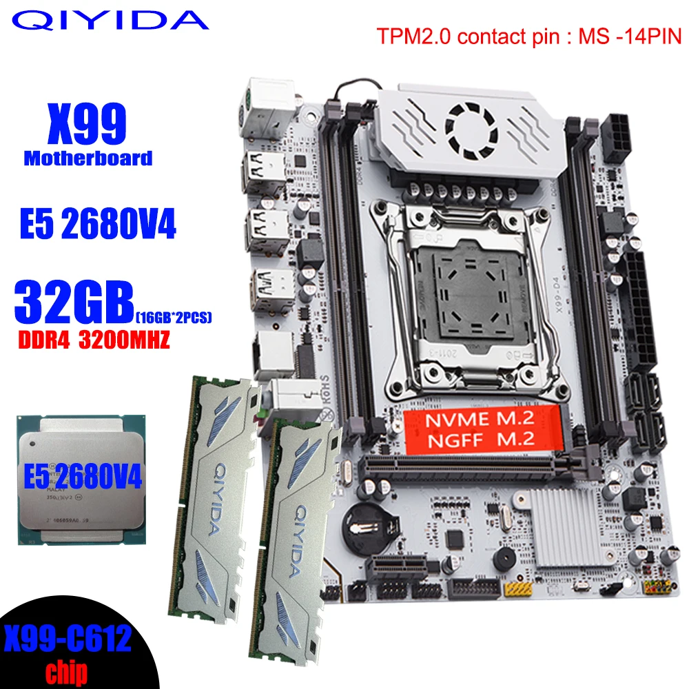 QIYIDA  X99 Motherboard Kit Set LGA 2011-3 Xeon E5 2680 V4 CPU Processor 32G=2*16G DDR4 REG ECC RAM Memory NVME M.2 TPM2.0-14PIN