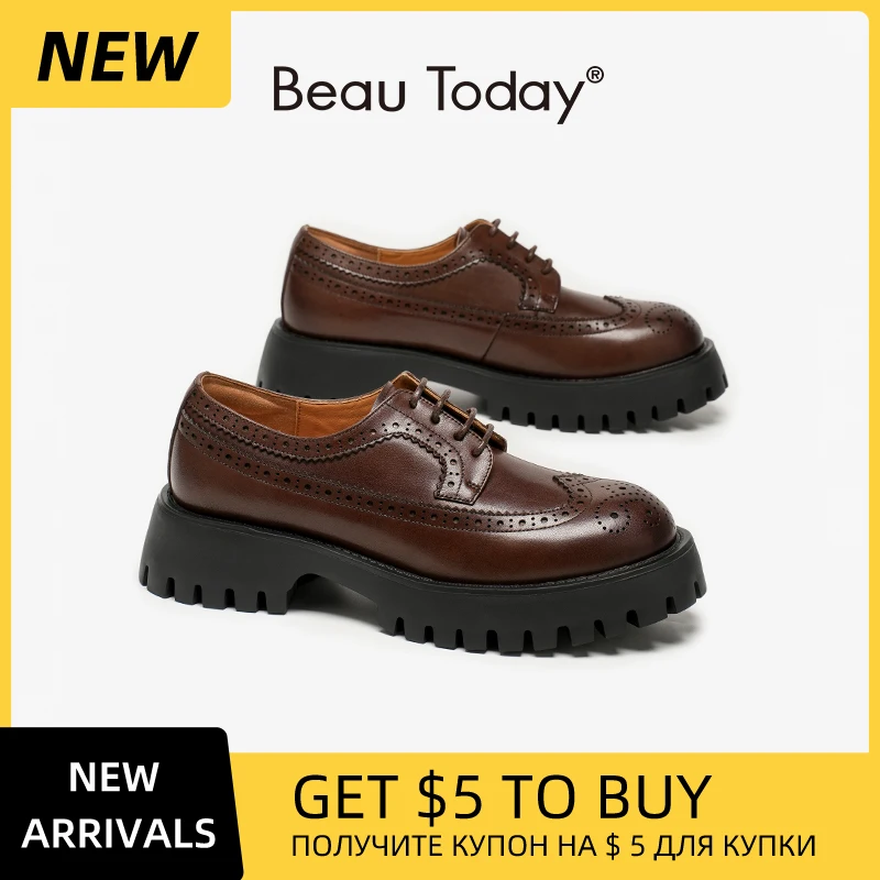 

BEAUTODAY Classical Loafers Women Calfskin Solid Color Round Toe Thick Sole Brogue Pattern Lace-Up Ladies Flats Handmade 21710